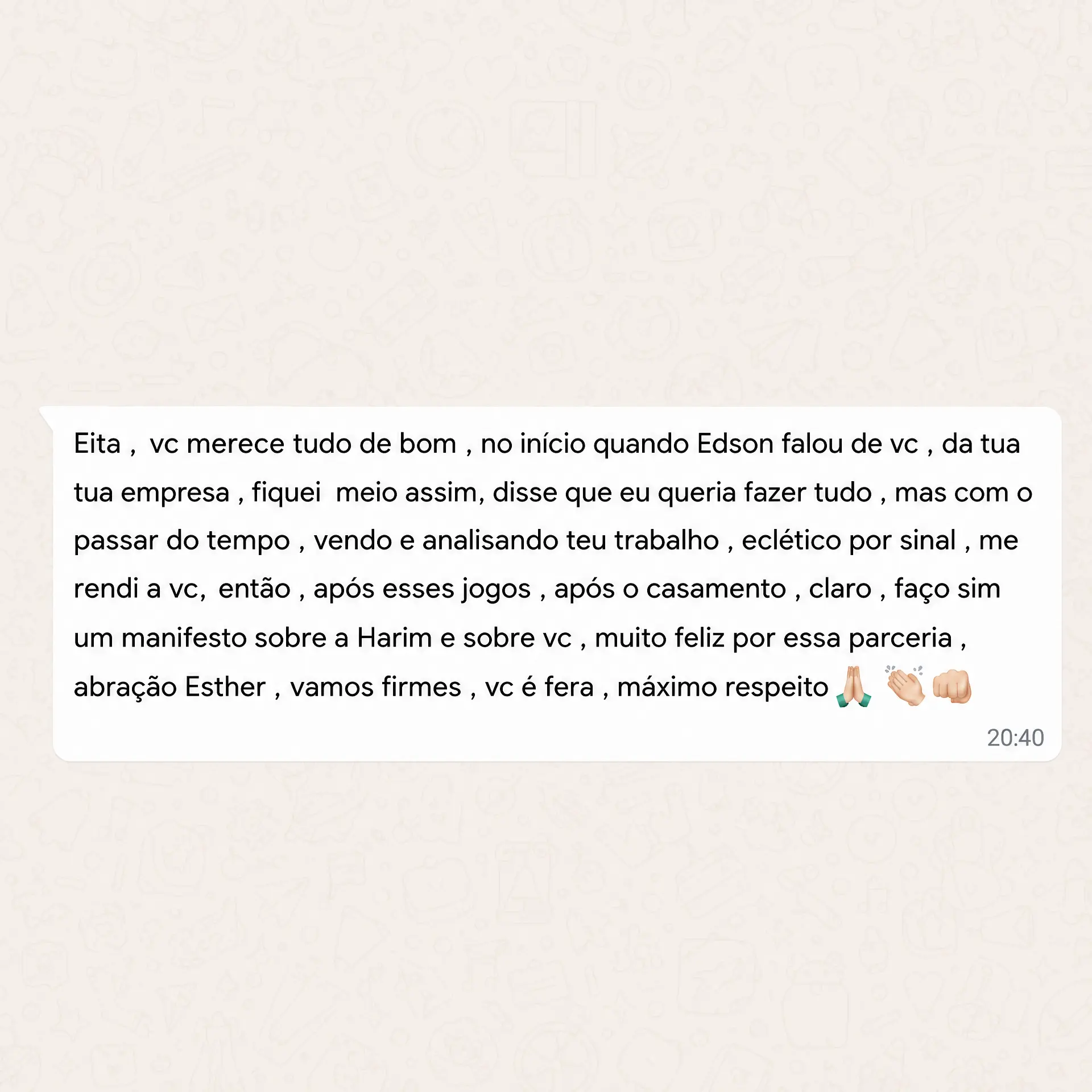Depoimento 1 de cliente da Harim Sports Travel recebido por WhatsApp